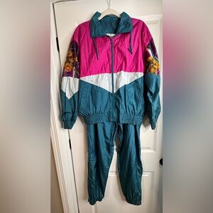 Vintage 80s Winterset Windbreaker Tracksuit Set Colorblock Teal Pink Medium